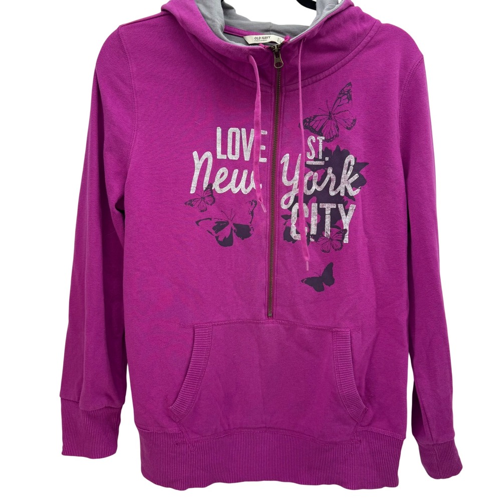 Old Navy Women's L Purple‎ NYC Butterfly Half Zip Hoodie Graphic Sweatshirt